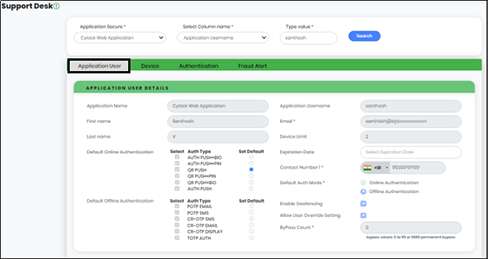 Support Desk screen Displaying Application User Tab- CyLock